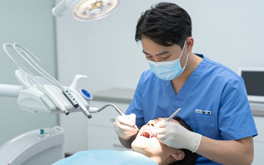 Dental professional performing professional teeth cleaning procedure