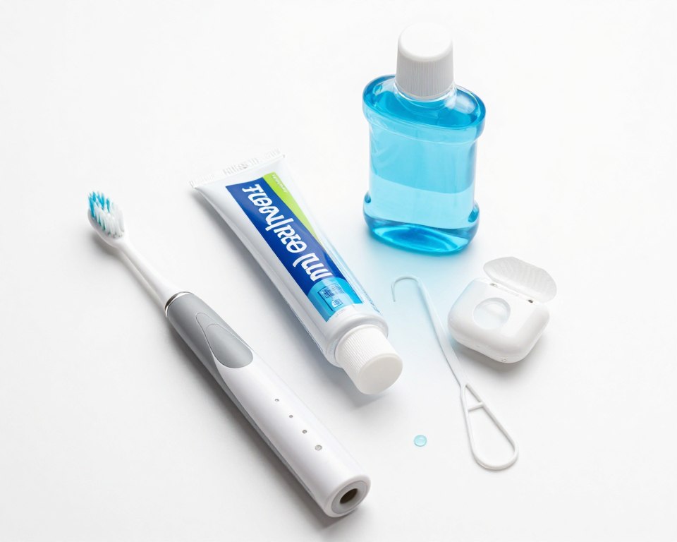 Display of various dental care products including toothpaste toothbrushes and floss