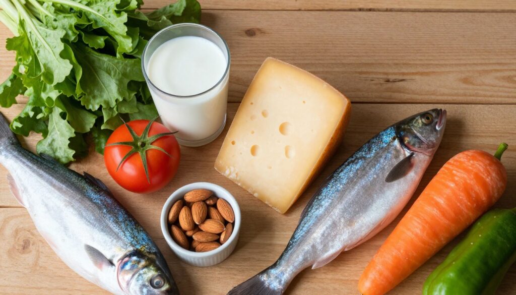 Healthy foods for strong teeth including dairy calcium and vegetables