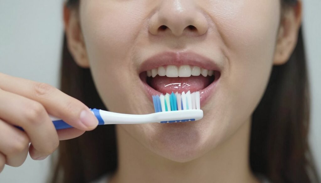 Proper toothbrushing technique demonstration showing correct angle and motion