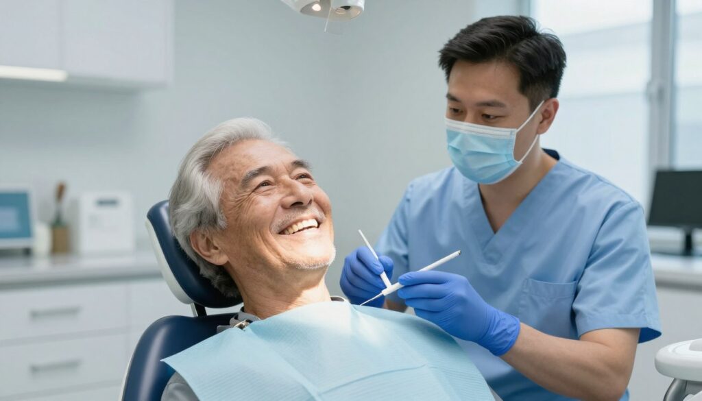 Senior adult receiving dental care and oral health examination