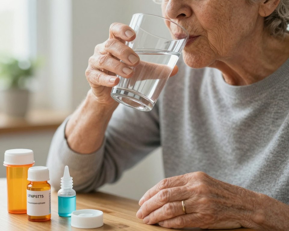Senior drinking water and using products to manage dry mouth symptoms