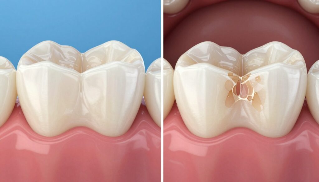 Warning comparison showing damaged teeth from harsh whitening methods