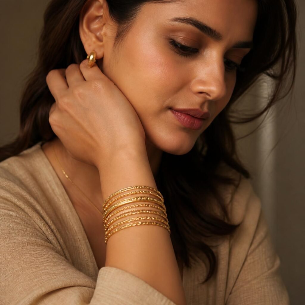 A stylish woman wearing a coordinated set of gold bangles stacked on her wrist