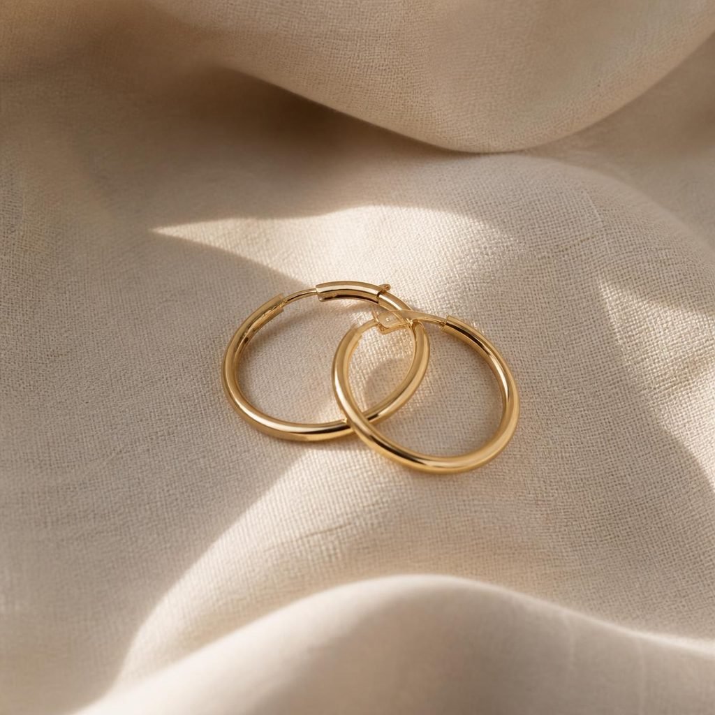 Small thin gold huggie hoop earrings on a neutral surface
