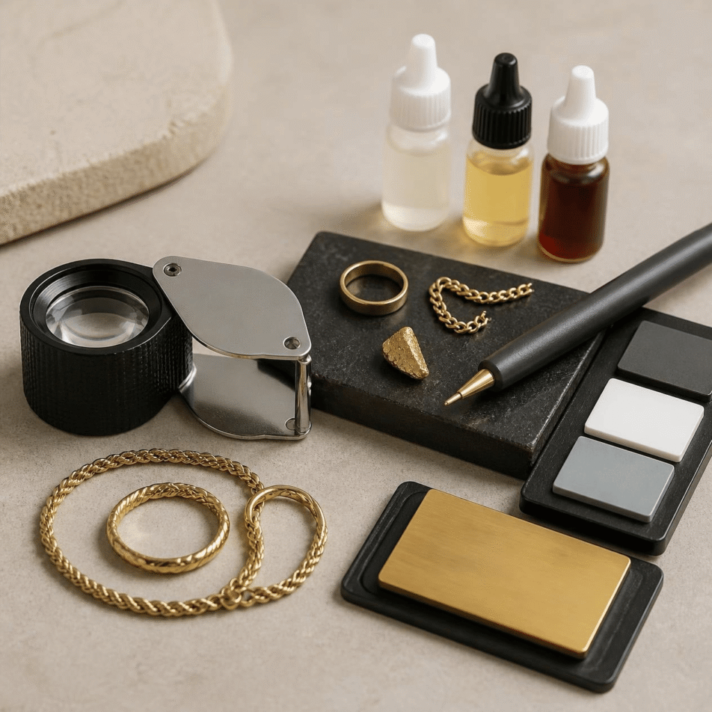 Gold testing kit with a jeweler's loupe for checking hallmarks at home