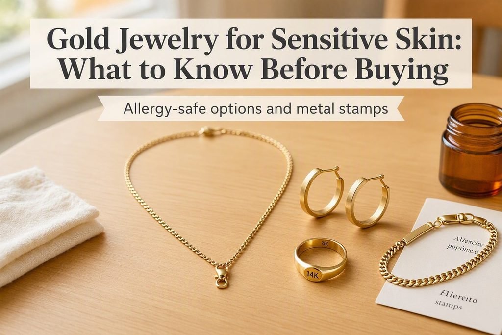 Gold jewelry for sensitive skin flat lay: necklace, hoop earrings, 14K stamped ring, and bracelet with allergy-safe metal stamps