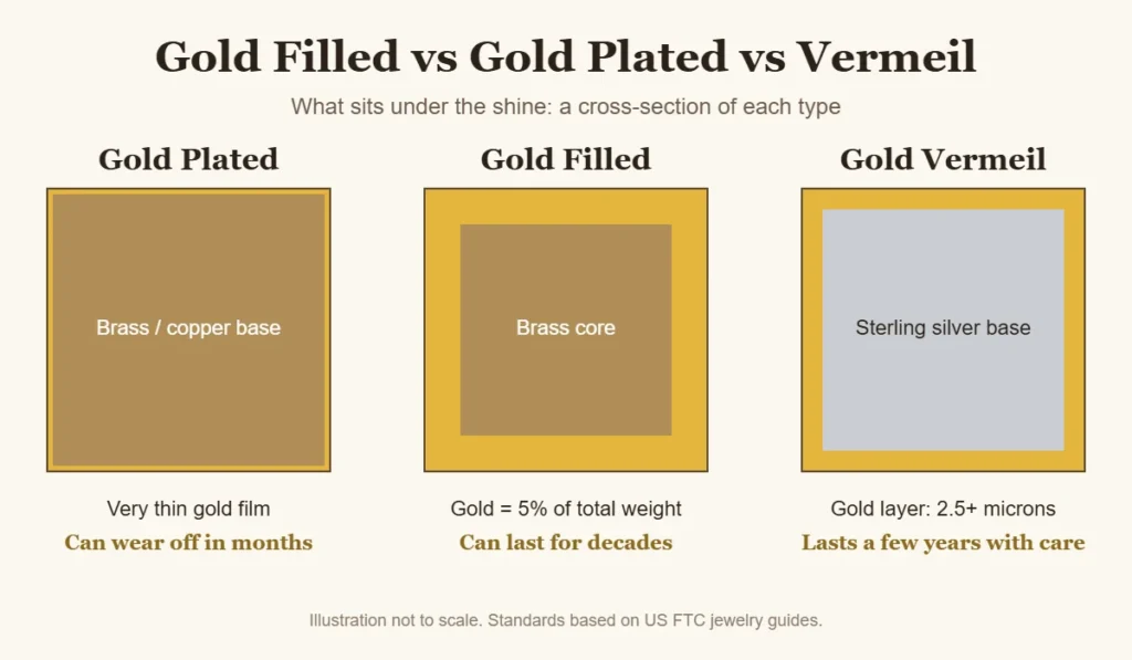 Gold filled vs gold plated vs vermeil cross-section comparison