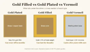 Gold filled vs gold plated vs vermeil cross-section comparison