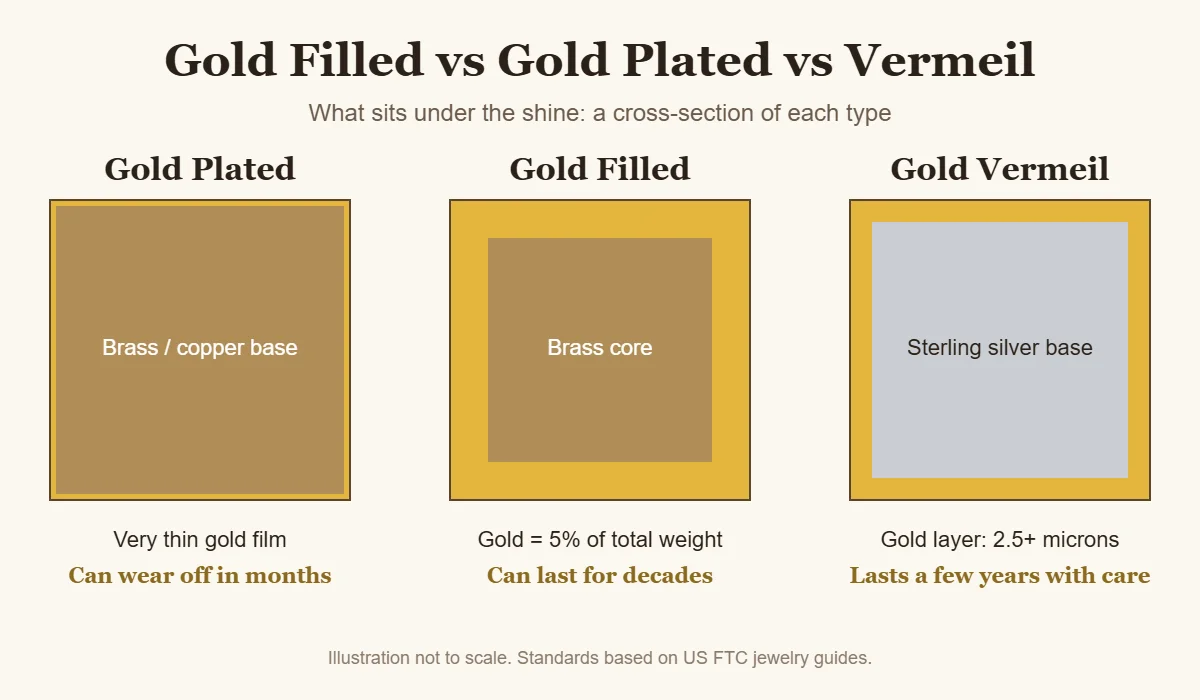 Gold filled vs gold plated vs vermeil cross-section comparison