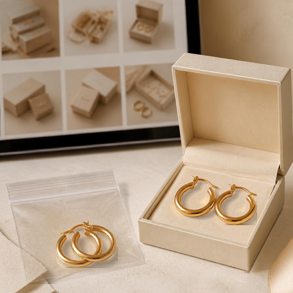 gold hoops beside a plain polybag and an elegant jewellery box