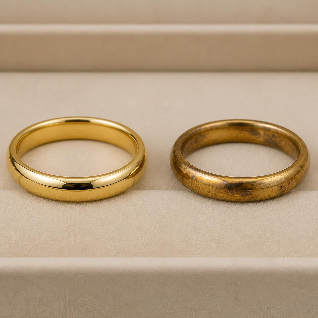 What does tarnished 10K gold look like: brownish 10K piece beside 14K gold