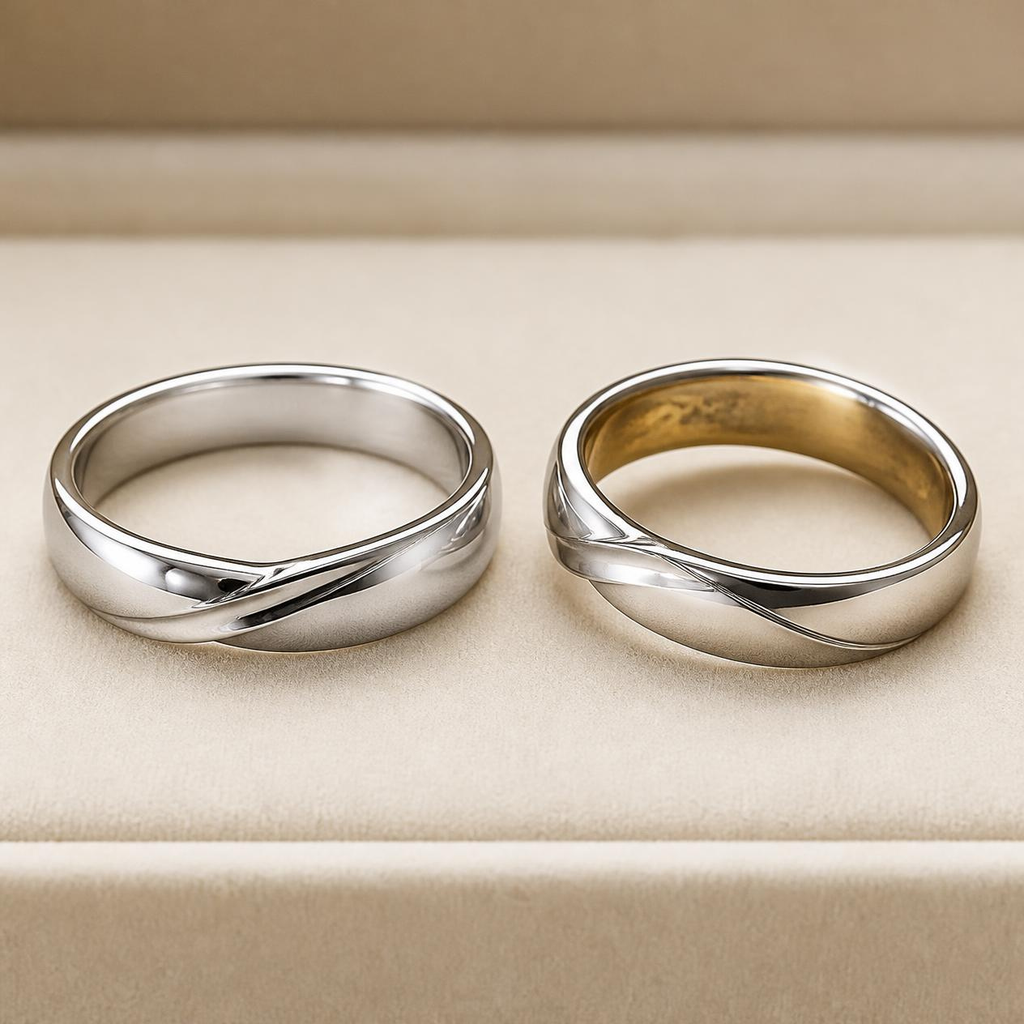 bright rhodium-finished white gold ring beside one showing yellowish wear on the underside