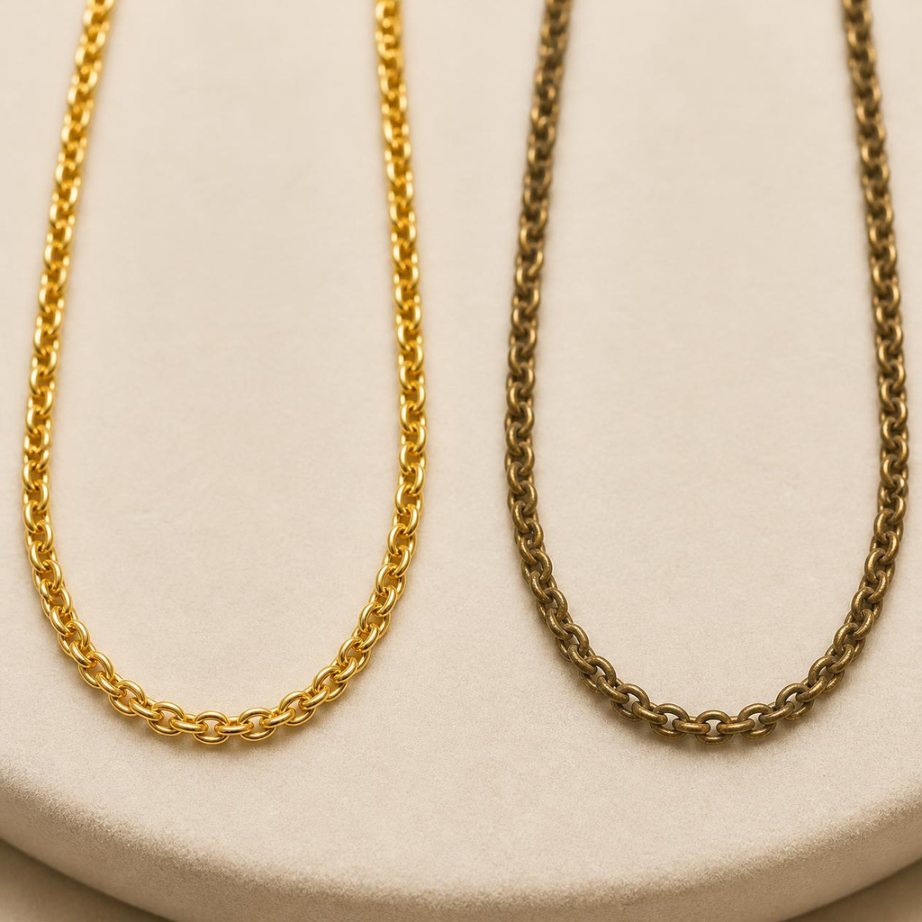 What does tarnish gold look like: clean vs tarnished 14K yellow gold chain