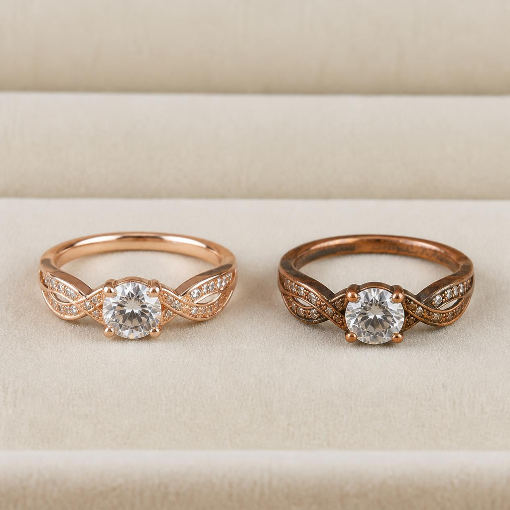 What does tarnished rose gold look like: light pink ring beside a deeper coppery tarnished finish